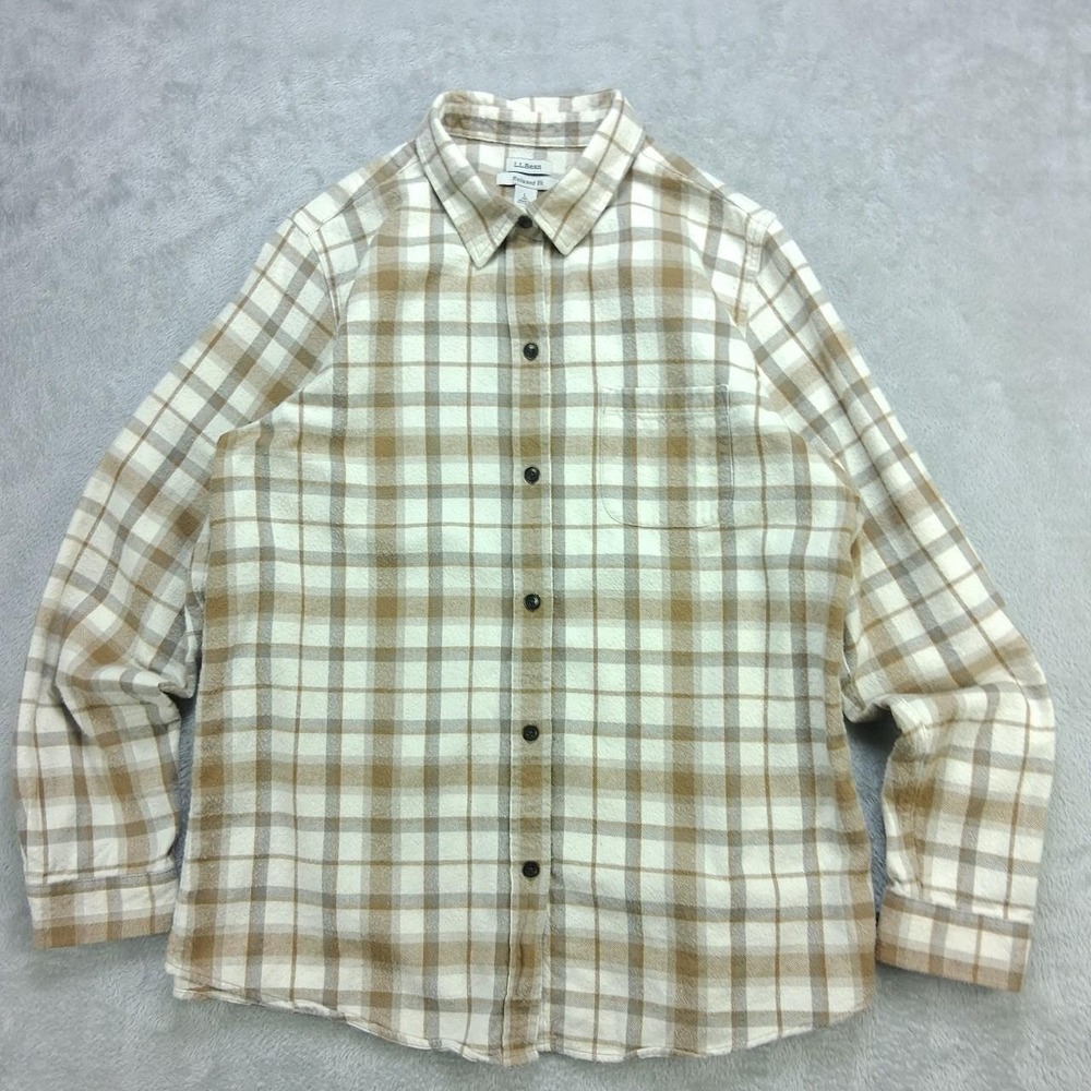 LL Bean Womens Flannel Shirt Large Tall Beige Plaid Relaxed Fit Button Up Cotton